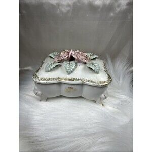 Vtg 1950s Lipper Mann LM Bond Ware Porcelain Footed Trinket Box Pink Roses Gold